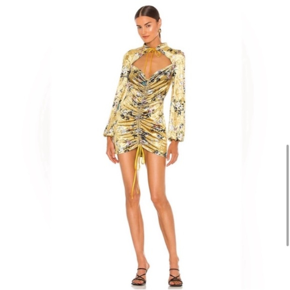 Kim Shui Dress Velvet Ruched Mini Long Sleeve in Yellow Floral